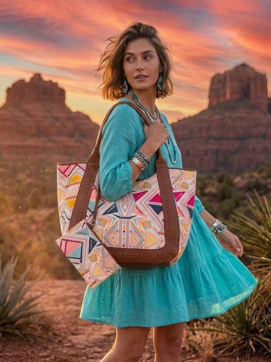 Myra Bag Handbags - Sedona Horizon Jacquard Tote Bag in Sunset Coral